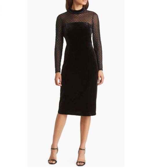 Eliza J Beaded Yoke Mixed Media Long Sleeve Sheath Dress, Black, Size 14, NWT - Picture 3 of 16
